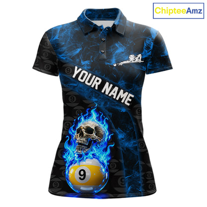 Blue Flaming Skull 9 Ball Pool Billiard Team Shirt For Women Custom Flame Billiard Ball & Cue Gifts NYN4980