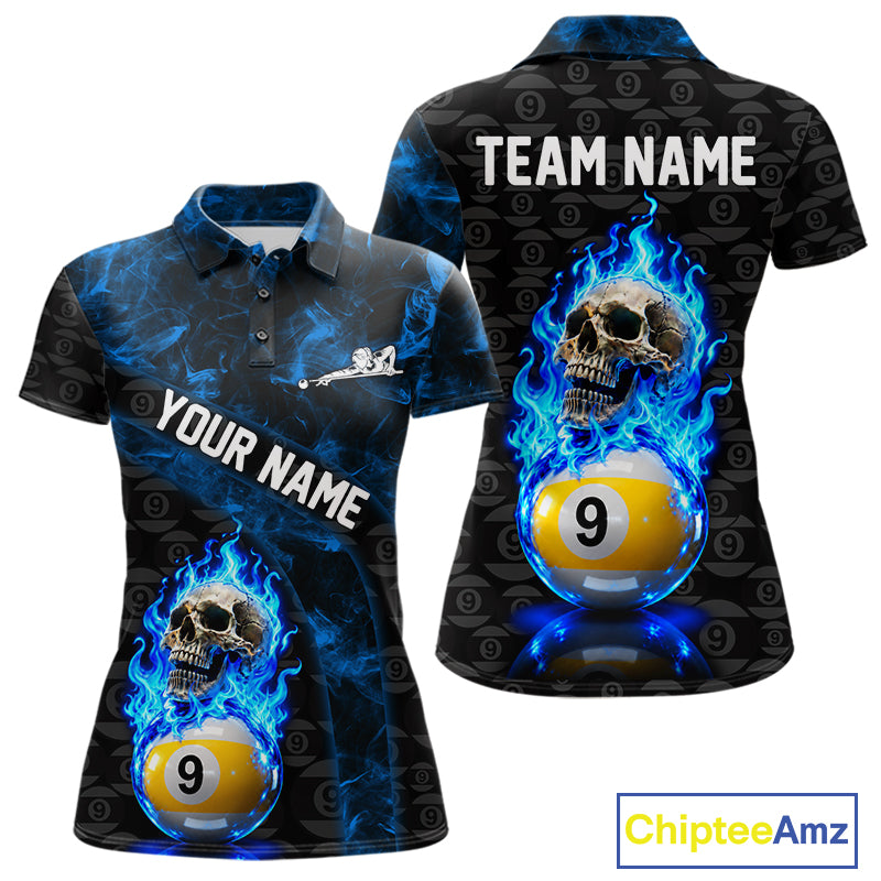Blue Flaming Skull 9 Ball Pool Billiard Team Shirt For Women Custom Flame Billiard Ball & Cue Gifts NYN4980