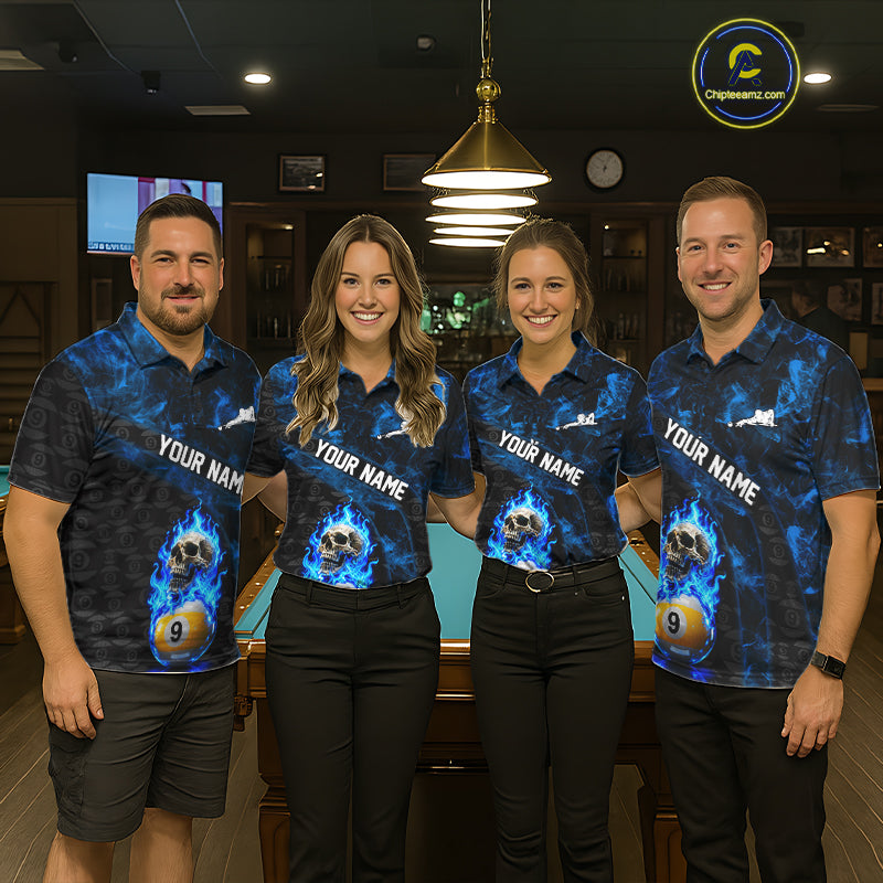 Blue Flaming Skull 9 Ball Pool Billiard Team Shirt For Women Custom Flame Billiard Ball & Cue Gifts NYN4980