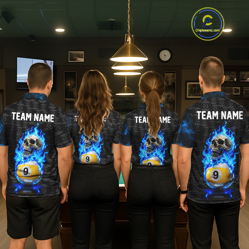 Blue Flaming Skull 9 Ball Pool Billiard Team Shirt For Women Custom Flame Billiard Ball & Cue Gifts NYN4980