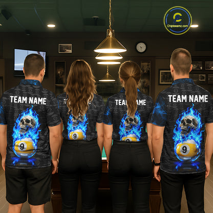 Blue Flaming Skull 9 Ball Pool Billiard Team Shirt For Women Custom Flame Billiard Ball & Cue Gifts NYN4980