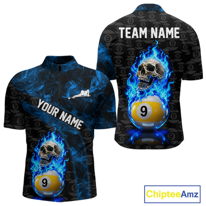 Blue Flaming Skull 9 Ball Pool Billiard Team Shirt For Men Custom Flame Billiard Ball & Cue Gifts NYN4980