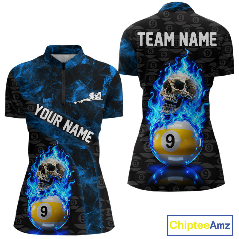Blue Flaming Skull 9 Ball Pool Billiard Team Shirt For Women Custom Flame Billiard Ball & Cue Gifts NYN4980
