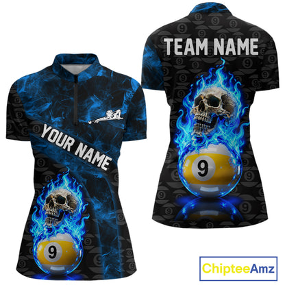 Blue Flaming Skull 9 Ball Pool Billiard Team Shirt For Women Custom Flame Billiard Ball & Cue Gifts NYN4980