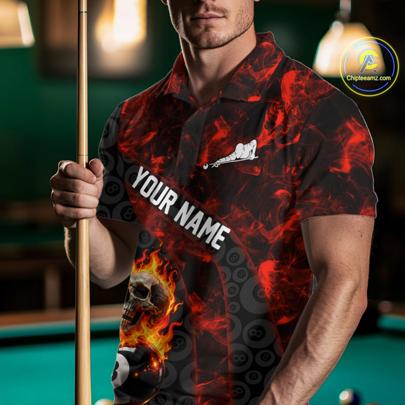 Red Flaming Skull 8 Ball Pool Billiard Team Shirt For Men Custom Flame Billiard Ball & Cue Gifts NYN4981
