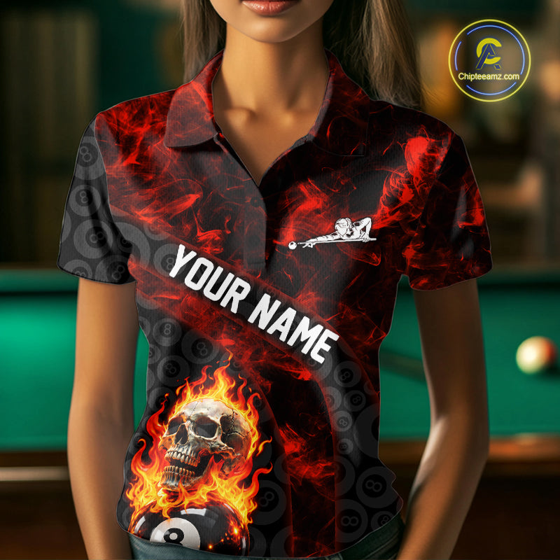 Red Flaming Skull 8 Ball Pool Billiard Team Shirt For Women Custom Flame Billiard Ball & Cue Gifts NYN4981