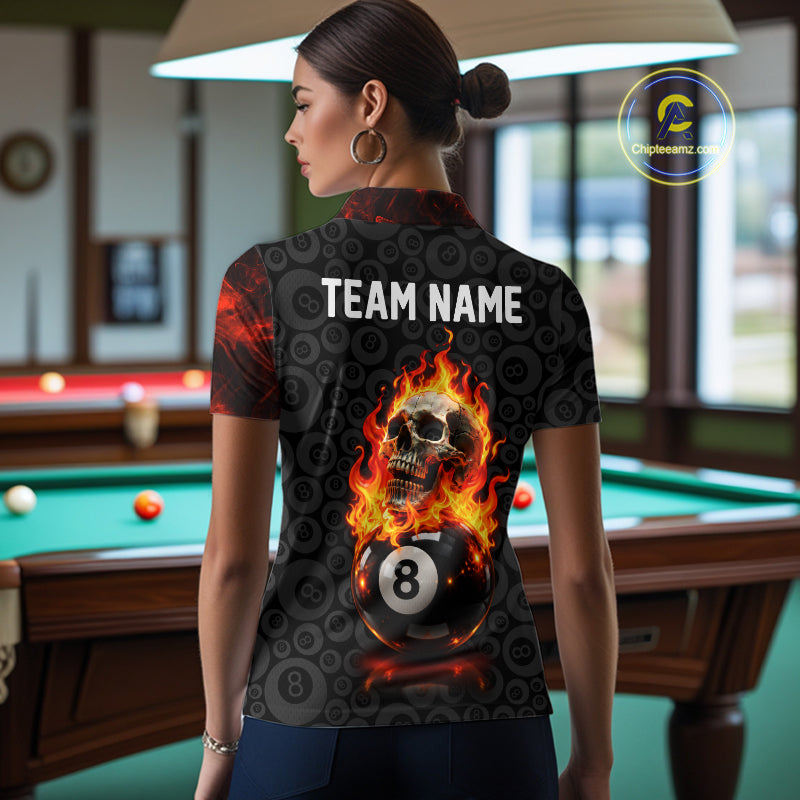 Red Flaming Skull 8 Ball Pool Billiard Team Shirt For Women Custom Flame Billiard Ball & Cue Gifts NYN4981