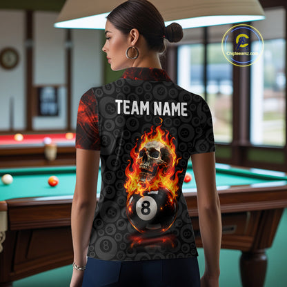 Red Flaming Skull 8 Ball Pool Billiard Team Shirt For Women Custom Flame Billiard Ball & Cue Gifts NYN4981