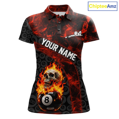 Red Flaming Skull 8 Ball Pool Billiard Team Shirt For Women Custom Flame Billiard Ball & Cue Gifts NYN4981