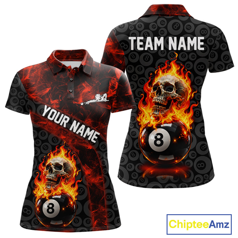 Red Flaming Skull 8 Ball Pool Billiard Team Shirt For Women Custom Flame Billiard Ball & Cue Gifts NYN4981