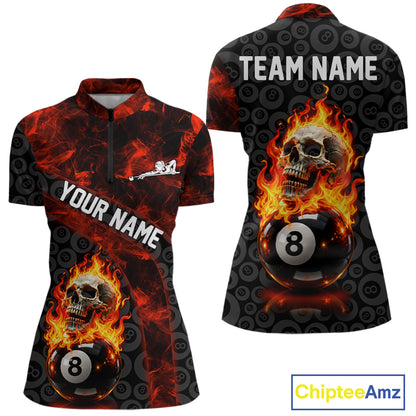 Red Flaming Skull 8 Ball Pool Billiard Team Shirt For Women Custom Flame Billiard Ball & Cue Gifts NYN4981