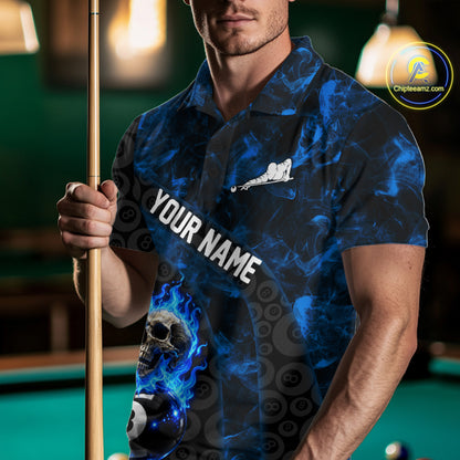 Blue Flaming Skull 8 Ball Pool Billiard Team Shirt For Men Custom Flame Billiard Ball & Cue Gifts NYN4982