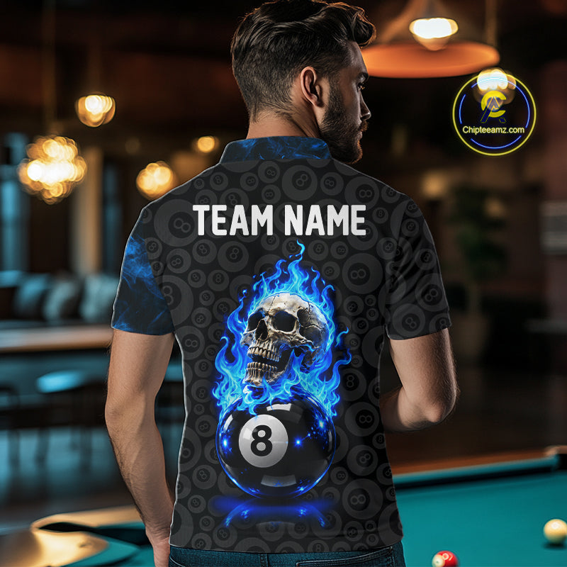 Blue Flaming Skull 8 Ball Pool Billiard Team Shirt For Men Custom Flame Billiard Ball & Cue Gifts NYN4982