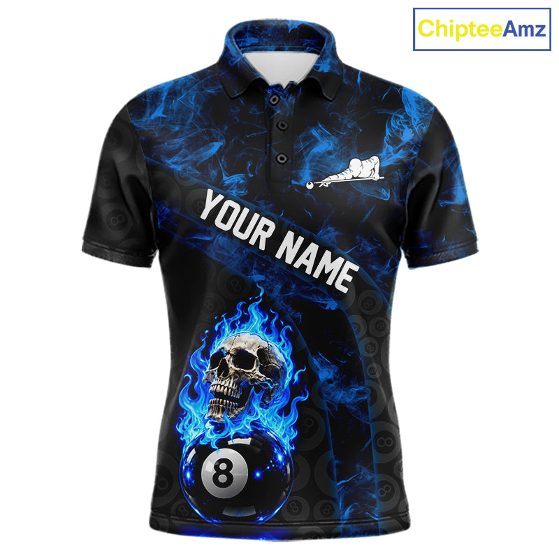 Blue Flaming Skull 8 Ball Pool Billiard Team Shirt For Men Custom Flame Billiard Ball & Cue Gifts NYN4982