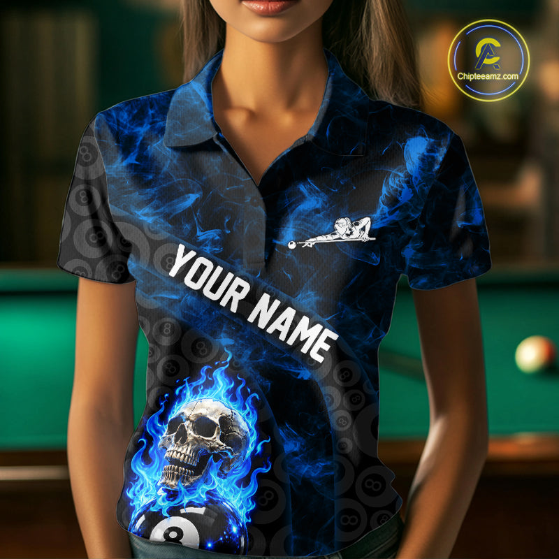 Blue Flaming Skull 8 Ball Pool Billiard Team Shirt For Women Custom Flame Billiard Ball & Cue Gifts NYN4982