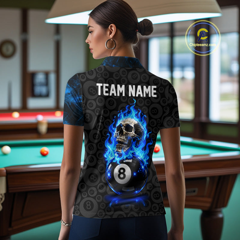 Blue Flaming Skull 8 Ball Pool Billiard Team Shirt For Women Custom Flame Billiard Ball & Cue Gifts NYN4982