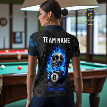 Blue Flaming Skull 8 Ball Pool Billiard Team Shirt For Women Custom Flame Billiard Ball & Cue Gifts NYN4982