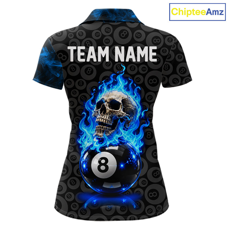Blue Flaming Skull 8 Ball Pool Billiard Team Shirt For Women Custom Flame Billiard Ball & Cue Gifts NYN4982