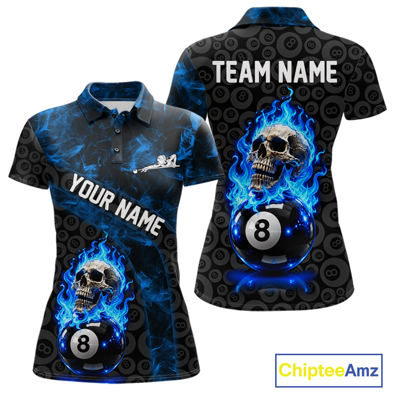 Blue Flaming Skull 8 Ball Pool Billiard Team Shirt For Women Custom Flame Billiard Ball & Cue Gifts NYN4982