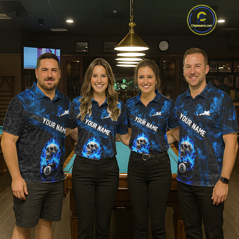 Blue Flaming Skull 8 Ball Pool Billiard Team Shirt For Women Custom Flame Billiard Ball & Cue Gifts NYN4982