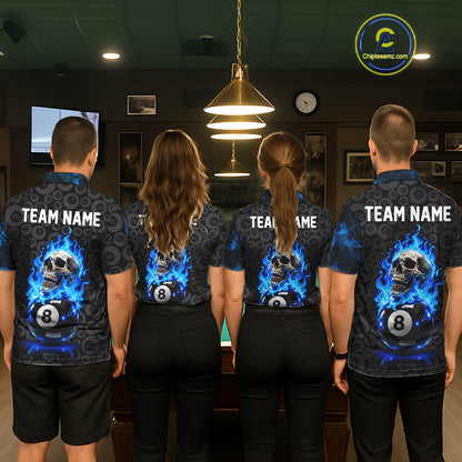 Blue Flaming Skull 8 Ball Pool Billiard Team Shirt For Women Custom Flame Billiard Ball & Cue Gifts NYN4982