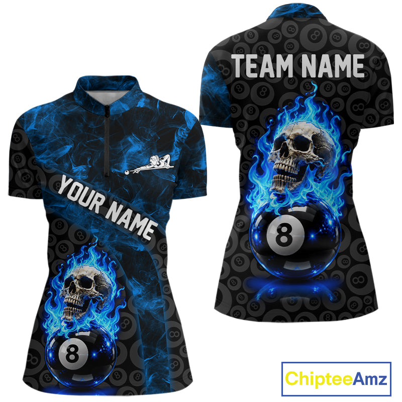 Blue Flaming Skull 8 Ball Pool Billiard Team Shirt For Women Custom Flame Billiard Ball & Cue Gifts NYN4982