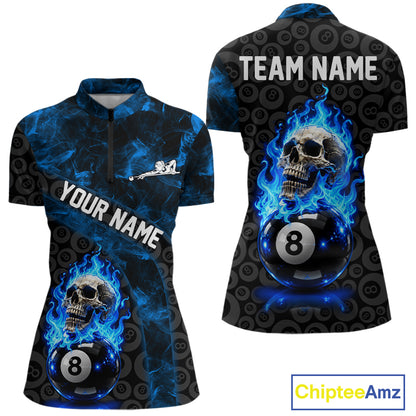 Blue Flaming Skull 8 Ball Pool Billiard Team Shirt For Women Custom Flame Billiard Ball & Cue Gifts NYN4982