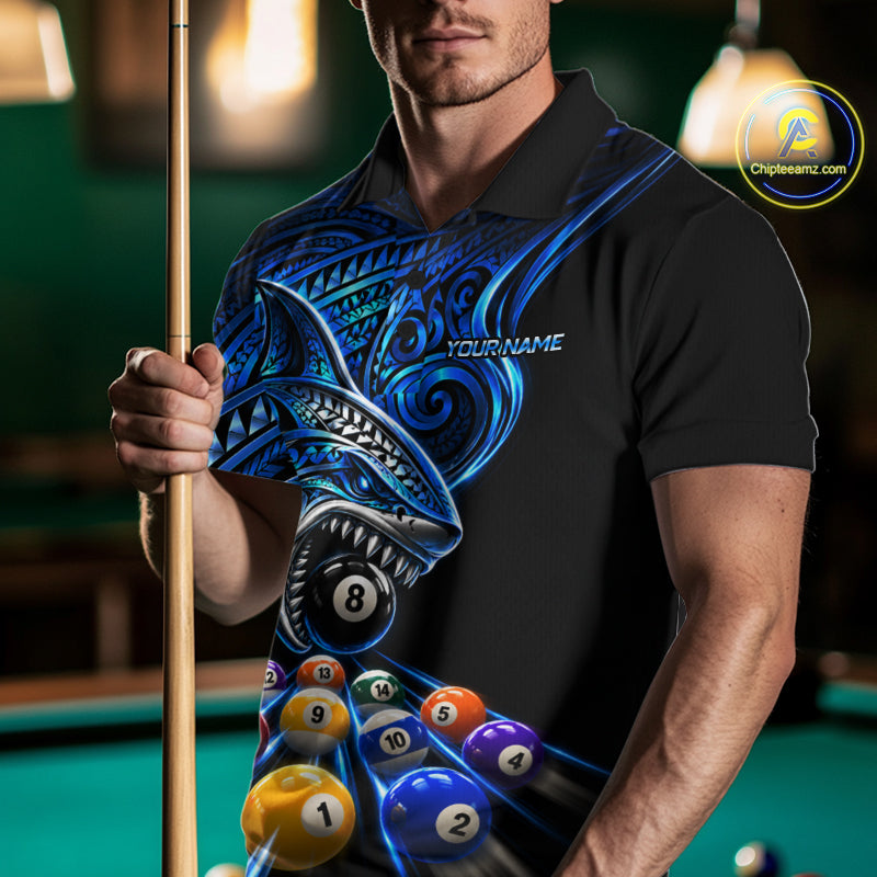 Blue Tribal Shark 8 Ball & 9 Ball Pool Polo 1/4-Zip For Men Custom Polynesian Billiard Team Jersey NYN4988