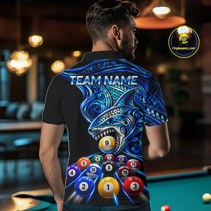 Blue Tribal Shark 8 Ball & 9 Ball Pool Polo 1/4-Zip For Men Custom Polynesian Billiard Team Jersey NYN4988