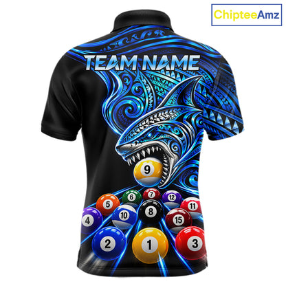 Blue Tribal Shark 8 Ball & 9 Ball Pool Polo 1/4-Zip For Men Custom Polynesian Billiard Team Jersey NYN4988