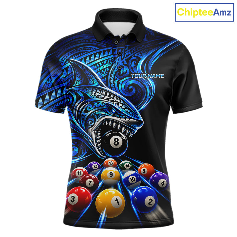 Blue Tribal Shark 8 Ball & 9 Ball Pool Polo 1/4-Zip For Men Custom Polynesian Billiard Team Jersey NYN4988