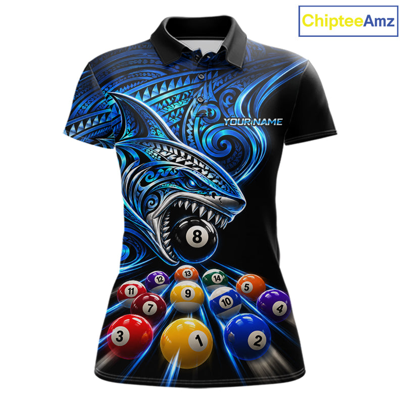 Blue Tribal Shark 8 Ball & 9 Ball Pool Polo 1/4-Zip For Women Custom Polynesian Billiard Team Jersey NYN4988