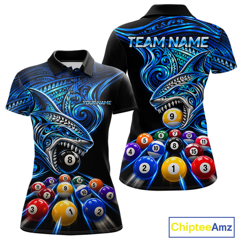 Blue Tribal Shark 8 Ball & 9 Ball Pool Polo 1/4-Zip For Women Custom Polynesian Billiard Team Jersey NYN4988