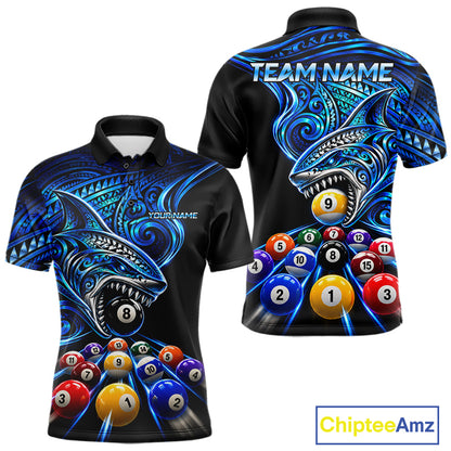 Blue Tribal Shark 8 Ball & 9 Ball Pool Polo 1/4-Zip For Men Custom Polynesian Billiard Team Jersey NYN4988