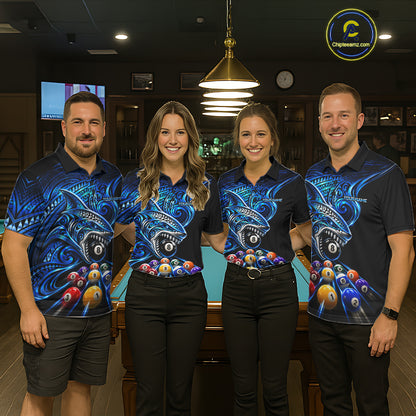 Blue Tribal Shark 8 Ball & 9 Ball Pool Polo 1/4-Zip For Women Custom Polynesian Billiard Team Jersey NYN4988