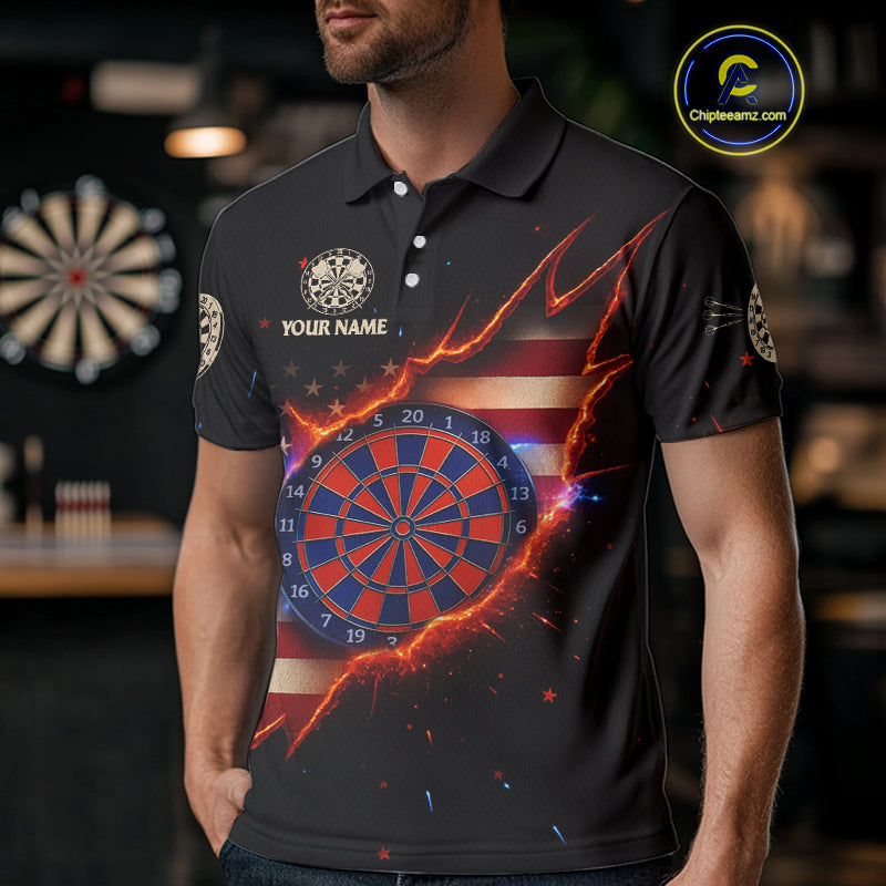 Fire American Flag Darts Polo Shirt For Men Custom Name & Team Patriotic Dart League Shirt NYN2053