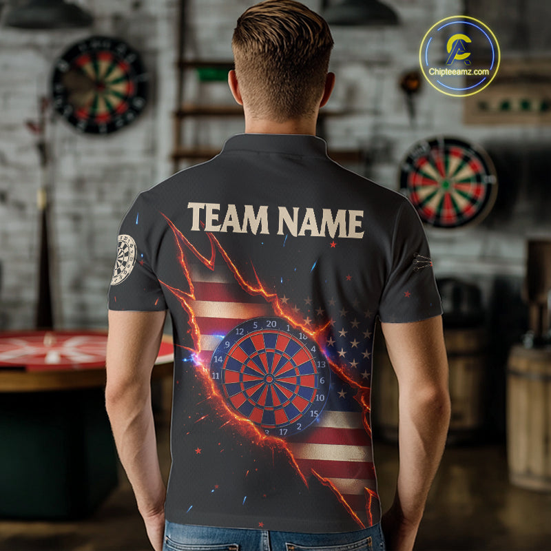 Fire American Flag Darts Polo Shirt For Men Custom Name & Team Patriotic Dart League Shirt NYN2053