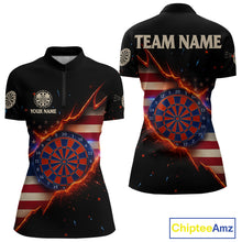 Load image into Gallery viewer, Fire American Flag Darts Quarter-Zip Shirt For Women Custom Name &amp; Team Patriotic Dart League Shirt NYN2053