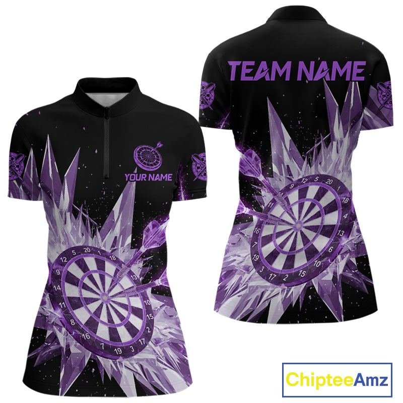 Purple Snow Ice Dartboard Women Darts Quarter-Zip Shirt Custom Name & Team Xmas Dart League Shirt NYN2058
