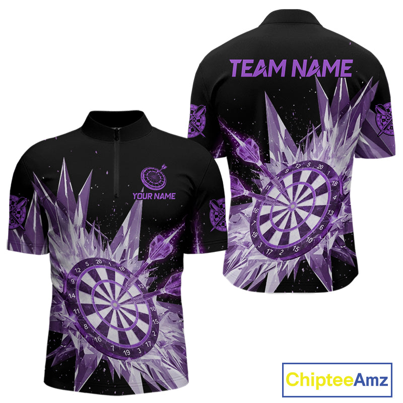 Purple Snow Ice Dartboard Men Darts Quarter-Zip Shirt Custom Name & Team Xmas Dart League Shirt NYN2058