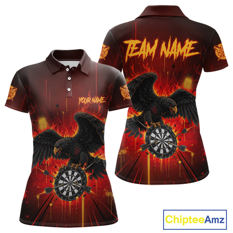 Red Flaming Eagle Dartboard Women Darts Polo Shirt Custom Name & Team Dart League Shirt NYN2060