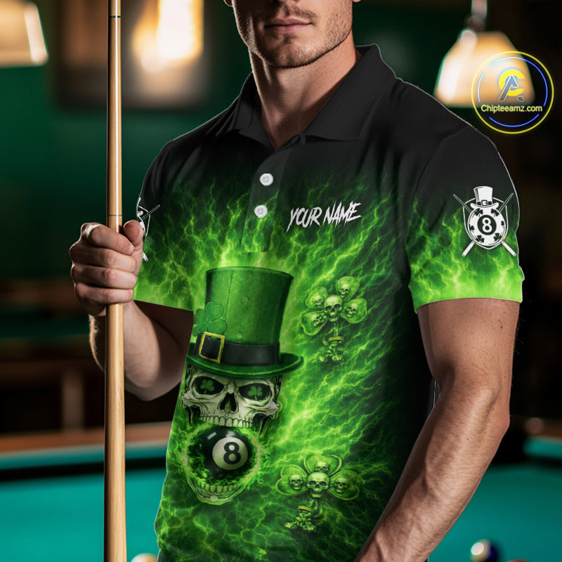 Flaming Shamrock Skull Pool 8 Ball Men Billiard Shirt Custom St Patrick's Day Billiard Team Attire NYN2561