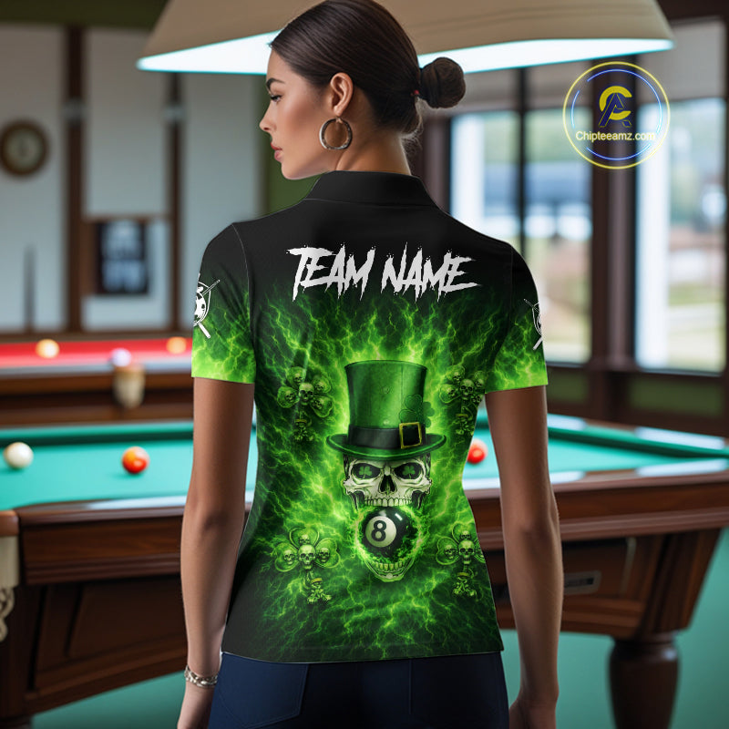 Flaming Shamrock Skull Pool 8 Ball Women's Billiard Shirt Custom St Patrick's Day Billiard Team Attire NYN2561