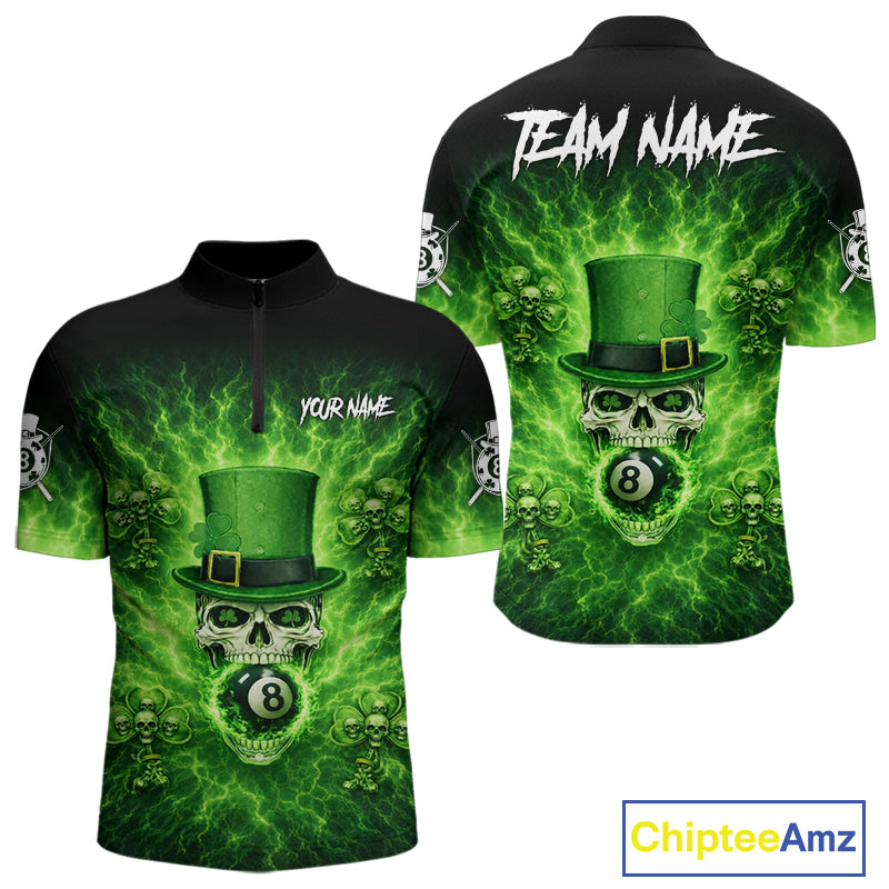 Flaming Shamrock Skull Pool 8 Ball Men Billiard Shirt Custom St Patrick's Day Billiard Team Attire NYN2561