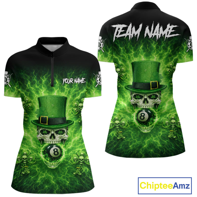 Flaming Shamrock Skull Pool 8 Ball Women's Billiard Shirt Custom St Patrick's Day Billiard Team Attire NYN2561
