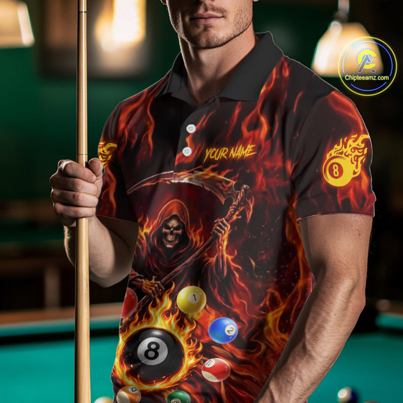 Grim Reaper 8 Ball Billiard Shirt For Men Custom Red Flames 8 Ball Pool Billiard Team Attire NYN3146