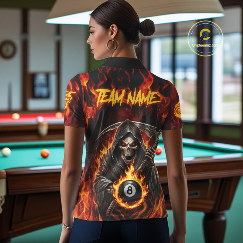 Grim Reaper 8 Ball Billiard Shirt For Women Custom Red Flames 8 Ball Pool Billiard Team Attire NYN3146