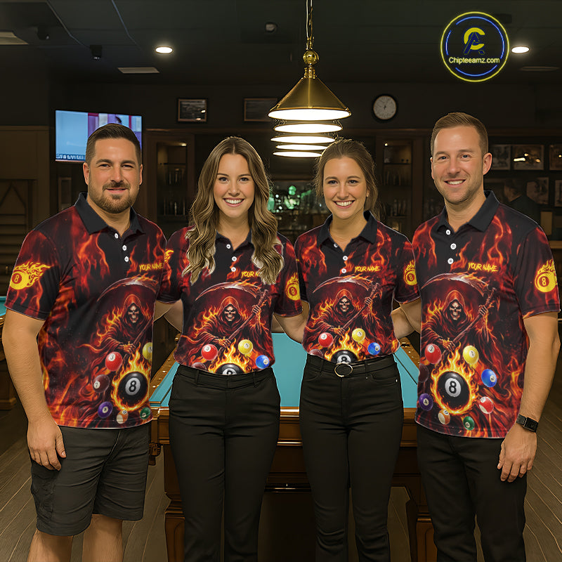 Grim Reaper 8 Ball Billiard Shirt For Women Custom Red Flames 8 Ball Pool Billiard Team Attire NYN3146