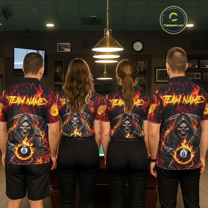 Grim Reaper 8 Ball Billiard Shirt For Women Custom Red Flames 8 Ball Pool Billiard Team Attire NYN3146