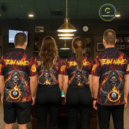 Grim Reaper 8 Ball Billiard Shirt For Women Custom Red Flames 8 Ball Pool Billiard Team Attire NYN3146